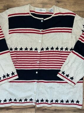 Marisa Christina Navy Cardigan with Red Stripe and Cream Trim